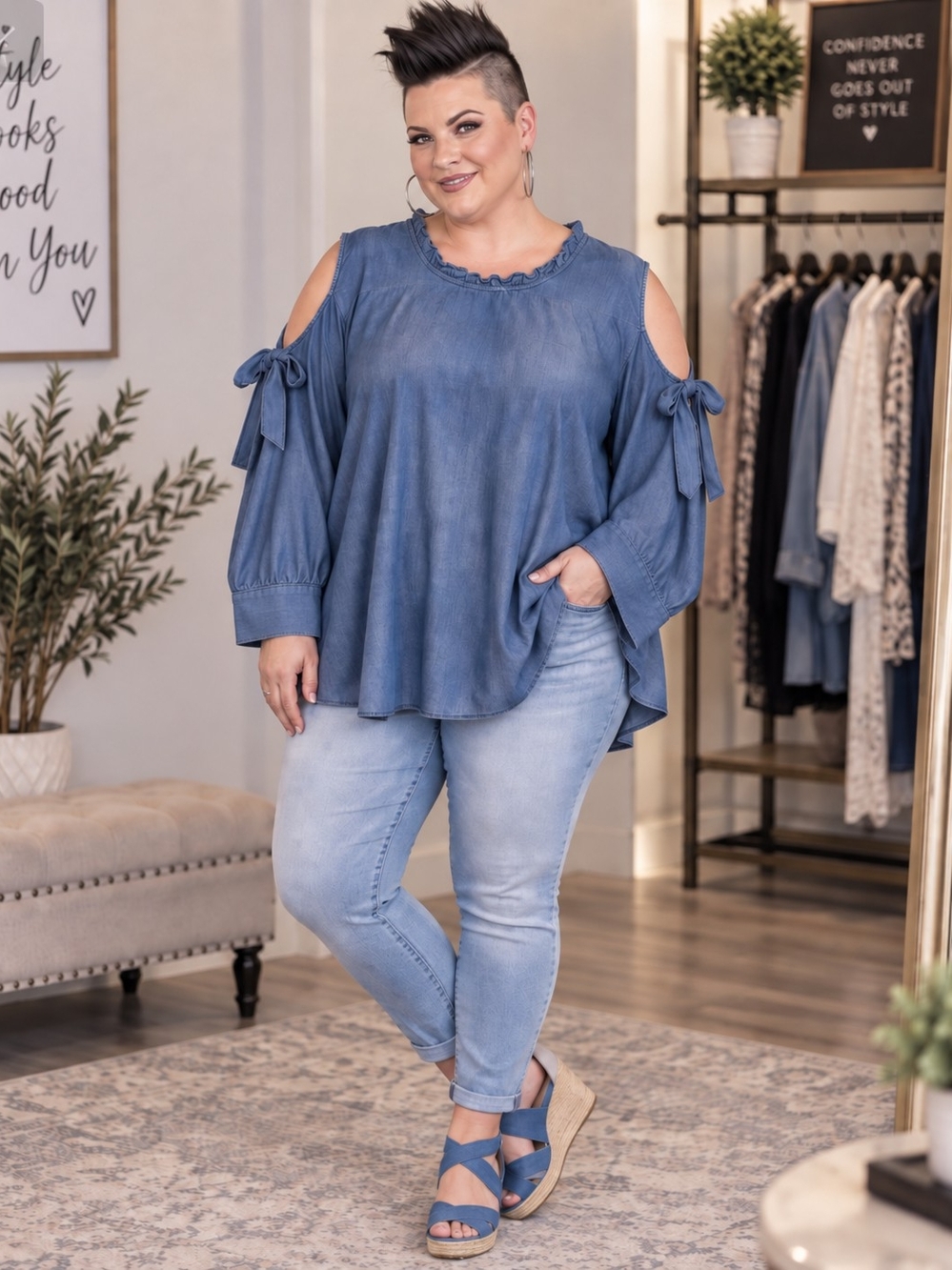 Ashley Stewart Denim-Effect Blue Cold-Shoulder Tie-Sleeve Top